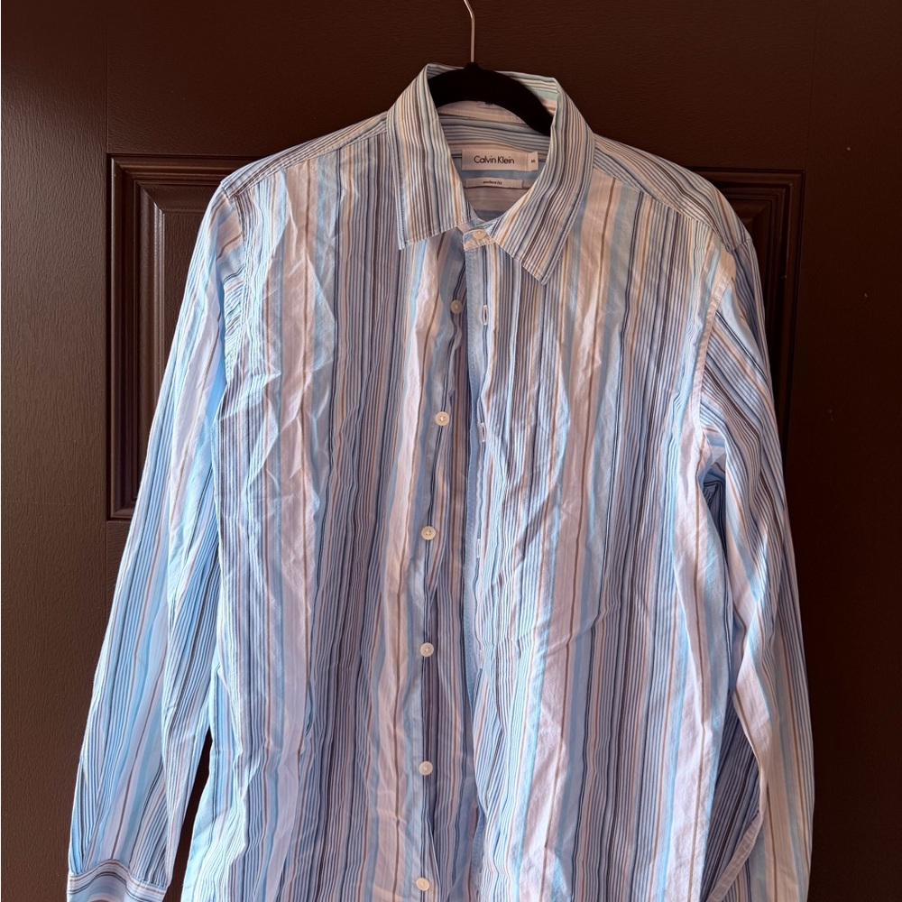 Calvin Klein Men's Light Blue and White Striped Shirt